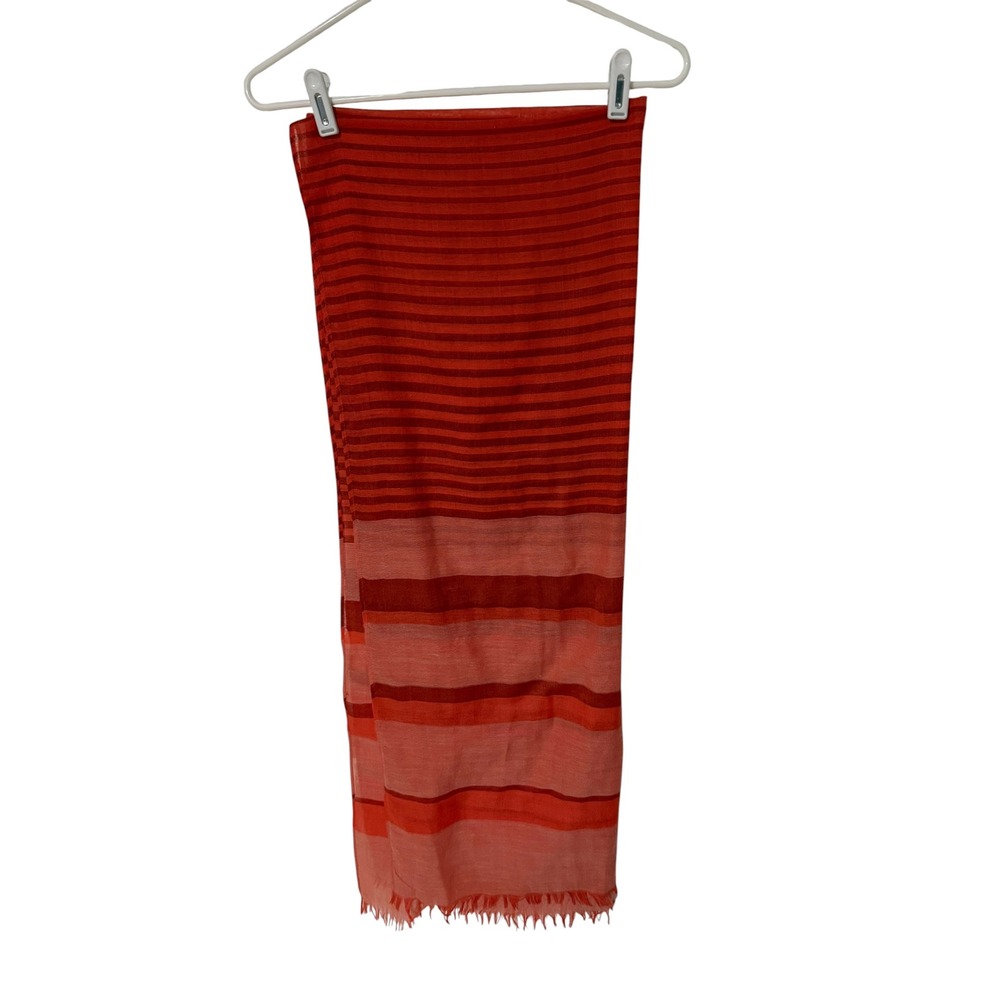 Eileen Fisher Womens Orange Coral Red Striped Lightweight Long Scarf Fringe